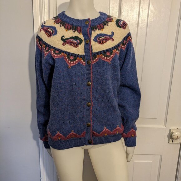 Handmade Knitted Cardigan - purple/blue with white and paisley design - Picture 1 of 9